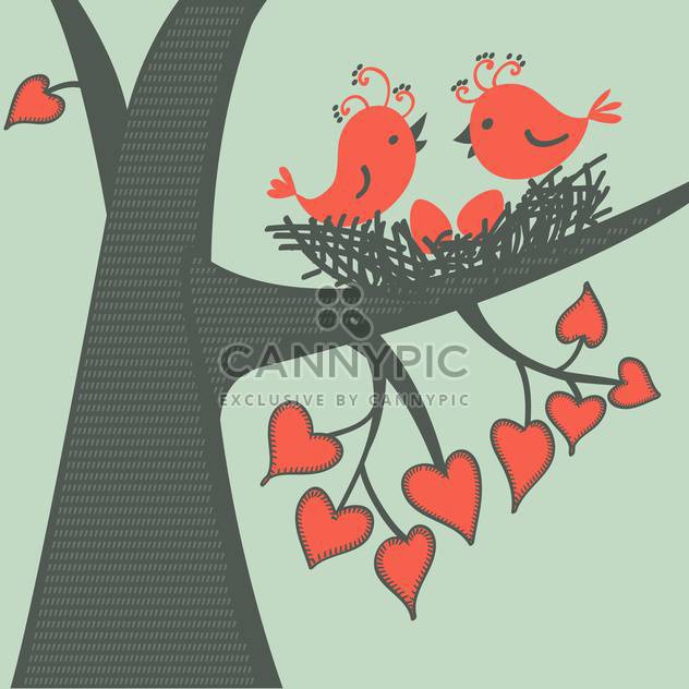 Vector illustration of birds sitting on branch with heart shape leaves in love - бесплатный vector #126328