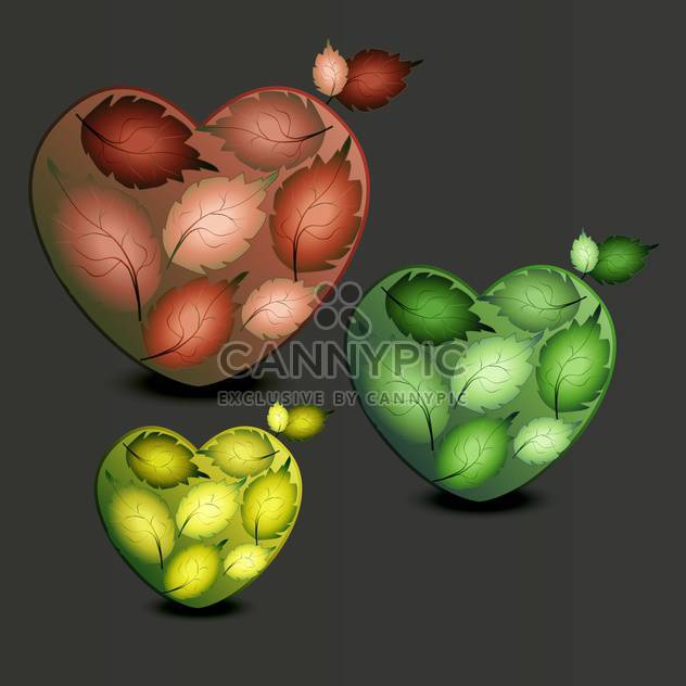Vector illustration of three colorful hearts made of leaves on dark background - Free vector #126358