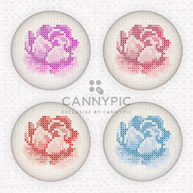 Vector set of buttons with cross-stitched embroidery roses - бесплатный vector #128798