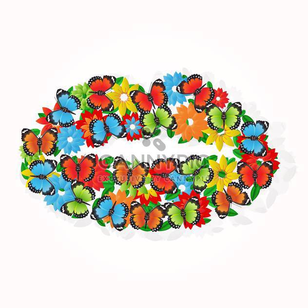 colorful illustration of butterflies and flowers in mouth shape on white background - Free vector #126068