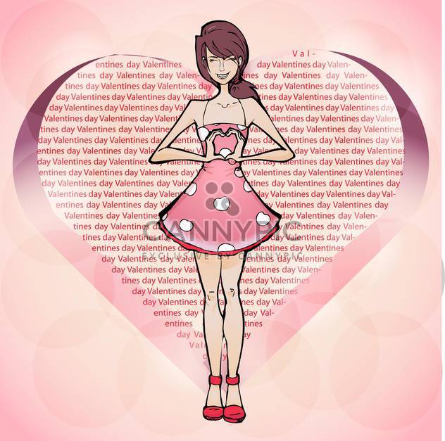 Vector illustration of cute girl in pink dress showing heart sign by hands - vector gratuit #127008 